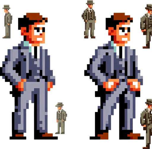 sprite sheet of an 8-bit pixelated character seen from the sides. This has two stances, of the character standing up and the other sitting down with his pants down as if taking a poop.
Single Game Texture. In-Game asset. 2d. Blank background. High contrast. No shadows.