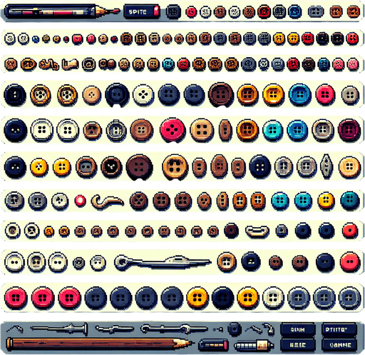 Create a sprite sheet featuring various sewing buttons. Each button should be distinct, with a cohesive color scheme. The style should be detailed pixel art, reminiscent of classic 8-bit era video game. Arrange the components on a dark background, with each part neatly aligned in rows and columns for easy identification and use in game development..
Single Game Texture. In-Game asset. 2d. Blank background. High contrast. No shadows.