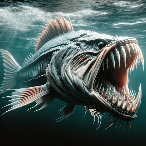 Classic fish with fangs lateral view..
2024 game style. Photorealistic