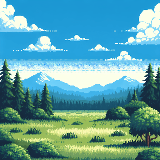 pixelart. A beautiful bue sommer sky without a cloud in the sky above the treetops of a forest and distant mountains. The foreground should be an grassy clearing..
Single Game Texture. In-Game asset. 2d. Blank background. High contrast. No shadows.