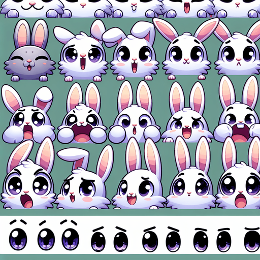 A spritesheet of cute happy and very silly-looking rabbits staring wideeyed at the camera..
Single Game Texture. In-Game asset. 2d. Blank background. High contrast. No shadows.