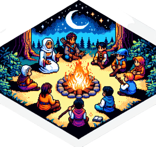 A campfire setting with a teacher and kids sitting down. Everyone dressed as wizards. I want the art style to reflect a classic 16-bit retro pixel art aesthetic, reminiscent of early 1990s RPGs with vibrant colors. The environment should have a rich, fantasy-themed design with intricate backgrounds and a nostalgic, old-school feel..
Single Game Texture. In-Game asset. 2d. Blank background. High contrast. No shadows.