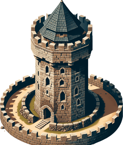 a medieval style stone tower. top down view. Single Game Texture. In-Game asset. 2d. Blank background. High contrast. No shadows.