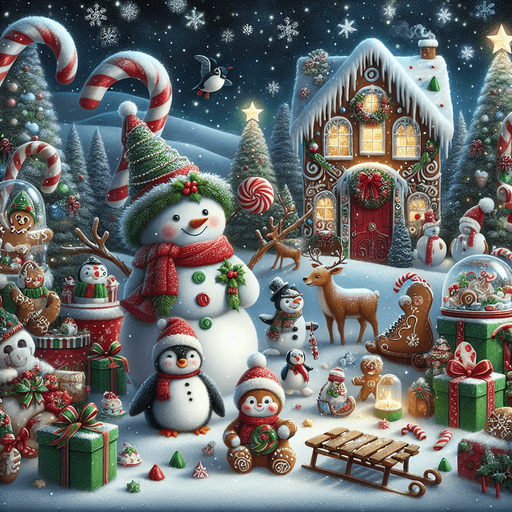 a feeric christmas landscape at night with a snow man , candy canes ,holly leafs and snow flakes, cute penguin, Santa's reindeers, green, red and blue presents and a lot of toys, a sled, gingerbread boy and girl, snow globes, a cute polar bear cub. a gingerbread house Background image