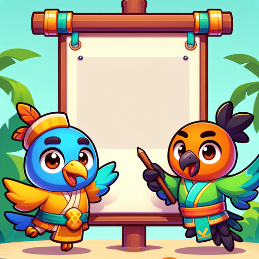 Create a cartoon-style illustration of two birds holding an empty banner by their feet. The goal is to capture a lively and playful location..
Single Game Texture. In-Game asset. 2d. Blank background. High contrast. No shadows.