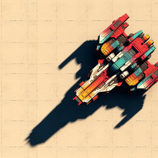 Single enemy spaceship flying straight downwards viewed from above in colour.
Single Game Texture. In-Game asset. 2d. Blank background. High contrast. No shadows.