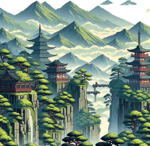 a tileable japanees ninja game landscape background with montains far and cliff edge in the foreground.