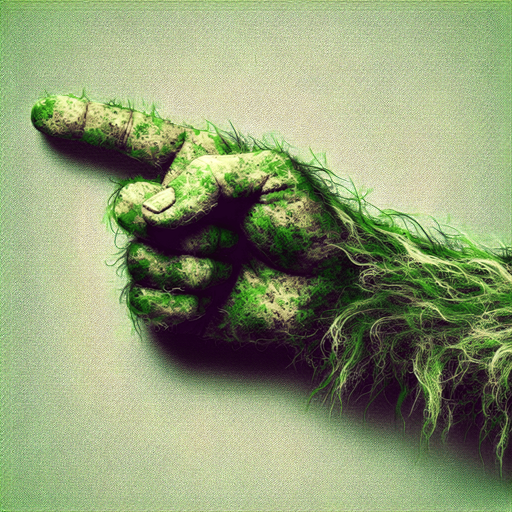 an green hairy grinch's arm, pointing in the horizontal direction, the index finger pointing to the left Single Game Texture. No background. High contrast. No shadows.