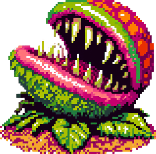 Head of a carnivorous plant, mouth open at top, pixel art
Single Game Texture. In-Game asset. 2d. Blank background. High contrast. No shadows.