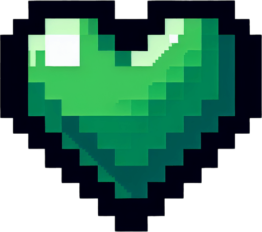 Pixel art heart green
Single Game Texture. In-Game asset. 2d. Blank background. High contrast. No shadows.