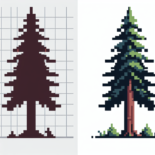 pixel art of a tall, tree.
game asset, 2d, white background, shadowless.