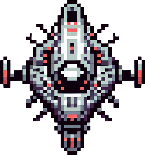 Top down shooter, alien space enemy craft, retro pixel art
Single Game Texture. In-Game asset. 2d. Blank background. High contrast. No shadows.