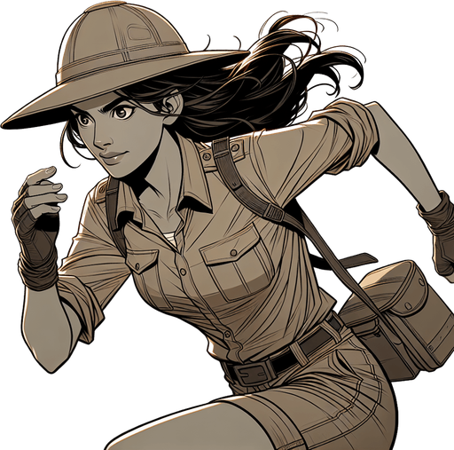 adventurer in a safari outfit, running.
Single Game Texture. In-Game asset. 2d. Blank background. High contrast. No shadows.