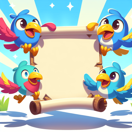 Create a cartoon-style illustration of two birds holding an empty banner by their feet. The goal is to capture a lively and playful location..
Single Game Texture. In-Game asset. 2d. Blank background. High contrast. No shadows.