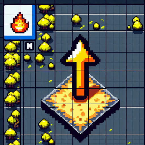 a yellow fire arrow, pointing up. top down view. pixelart. vertical. Single Game Texture. In-Game asset. 2d. Blank background. High contrast. No shadows.