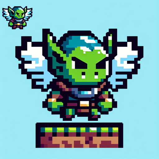 8-bit. cartoon. winged goblin..
Single Game Texture. In-Game asset. 2d. Blank background. High contrast. No shadows.