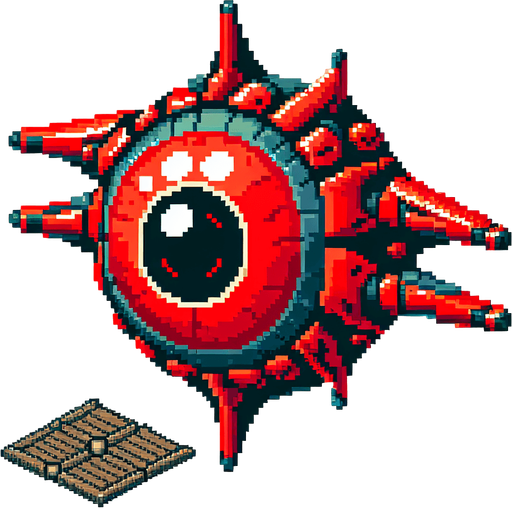 65604d9e9017209915d71b35: Top down shooter, alien space enemy craft, retro pixel art, red flying space alien, giant eye ball
Single Game Texture. In-Game asset. 2d. Blank background. High contrast. No shadows.