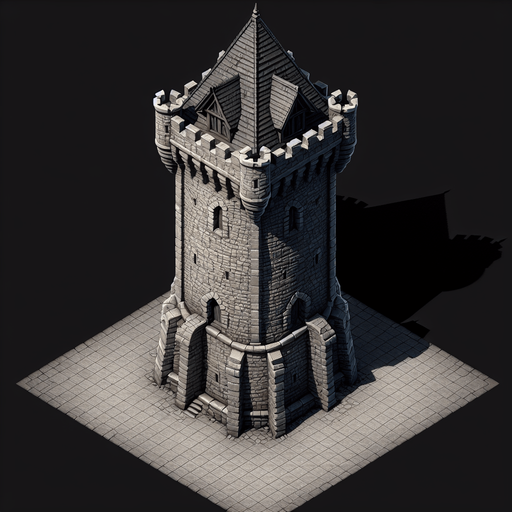 a medieval style stone tower. top down view. Single Game Texture. In-Game asset. 2d. Blank background. High contrast. No shadows.