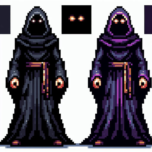 evil hooded wizard, full body, front facing, I want the art style to reflect a classic 16-bit retro pixel art aesthetic, reminiscent of early 1990s RPGs with vibrant colors..
Single Game Texture. In-Game asset. 2d. Blank background. High contrast. No shadows.