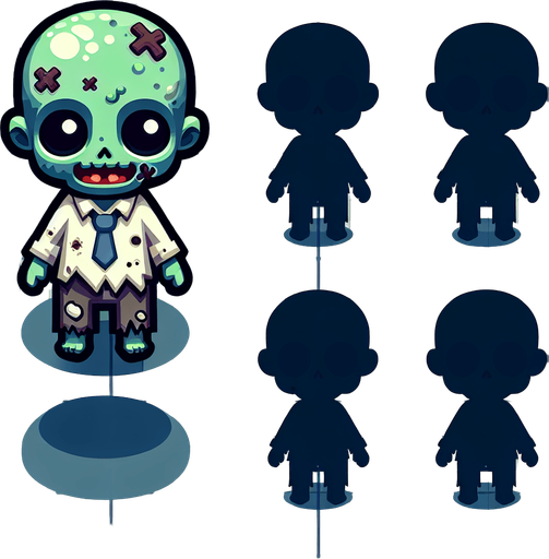 cute zombie character.
Single Game Texture. In-Game asset. 2d. Blank background. High contrast. No shadows. top down view. view from above. bird view