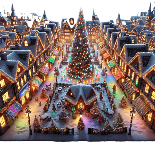 2d 3rd person front view of a christmas town square with a starry sky Single Game Texture. In-Game asset. 2d. Blank background. High contrast. No shadows.