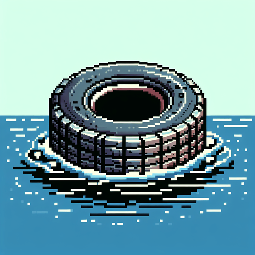 8 bit. cartoon. old car tire. floating in the water.  in game asset. no background. Single Game Texture. In-Game asset. 2d. Blank background. High contrast. No shadows.