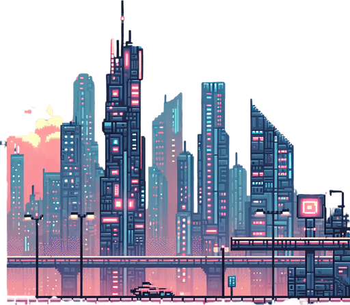 Design a minimalistic, pixelated background for a cyberpunk AI city, focusing on a futuristic yet understated aesthetic to ensure it doesn't overshadow game elements.. pixelated. 8 bit..
Single Game Texture. In-Game asset. 2d. Blank background. High contrast. No shadows.