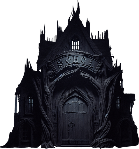 By night, in a gloomy forest,a Facade of a dark, partly ruined ancient and twisted witch house with a big wooden door and a metal entrance arch where it's written "SCHOOL" in illuminated letters...