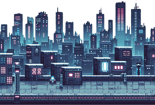 Design a minimalistic, pixelated background for a cyberpunk AI city, focusing on a futuristic yet understated aesthetic to ensure it doesn't overshadow game elements.. pixelated. 8 bit..
Single Game Texture. In-Game asset. 2d. Blank background. High contrast. No shadows.