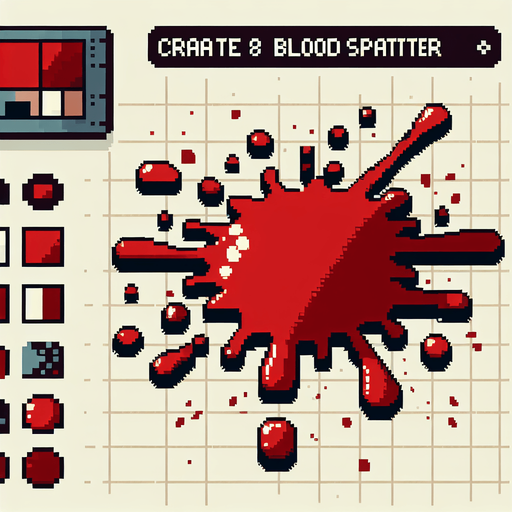 8 bit blood spatter. cartoon. Single Game Texture. In-Game asset. 2d. Blank background. High contrast. No shadows.