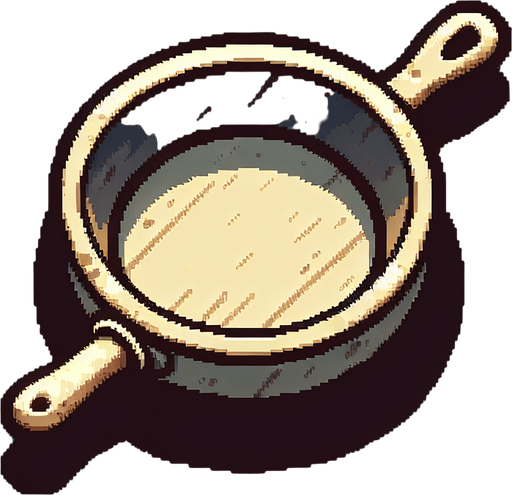 a simple fraying pan.
Single Game Texture. In-Game asset. 2d. Blank background. High contrast. No shadows.