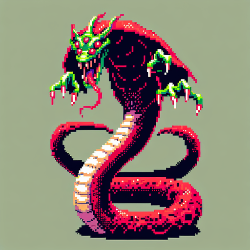 evil large snake dangling upside down, I want the art style to reflect a classic 16-bit retro pixel art aesthetic, reminiscent of early 1990s RPGs with vibrant colors.
Single Game Texture. In-Game asset. 2d. Blank background. High contrast. No shadows.