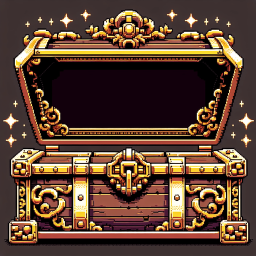 8bit, cartoon, treasure chest frame. very big empty center. only a fine border of chest.
Single Game Texture. In-Game asset. 2d. Blank background. High contrast. No shadows.