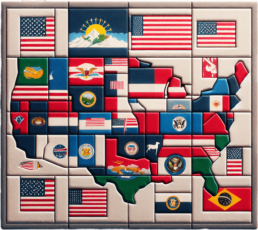 Drapeau national des USA en fond d'un patchwork des États américains..
Single Game Texture. In-Game asset. 2d. Blank background. High contrast. No shadows.