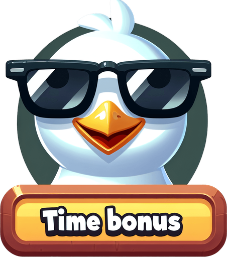 Create a  cartoon-style illustration of a smiling face of a seagul with black shades with the words "Time Bonus" at the bottom of it.
Single Game Texture. In-Game asset. 2d. Blank background. High contrast. No shadows.