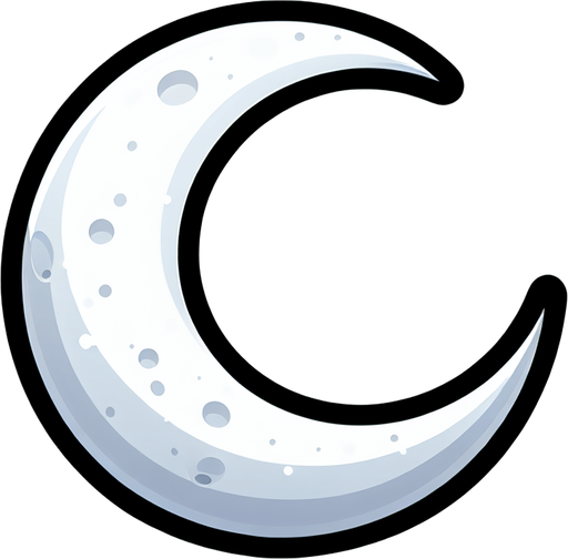 Cartoon, white crescent moon. white. no dots..
Single Game Texture. In-Game asset. 2d. Blank background. High contrast. No shadows.