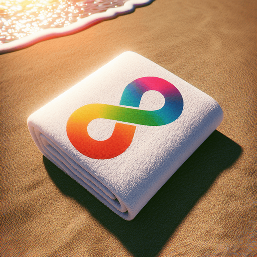 full view of a Beach white towel with colored infinte logo. placed on the sand.
photo