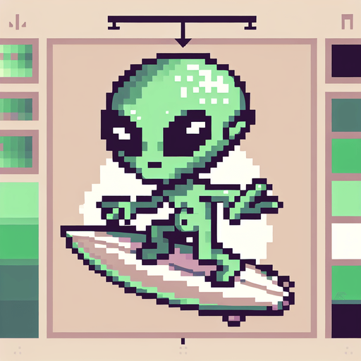 pixelart. a cool green alien in side perspective, surfing on a surfboard, arms out wide for balance. the alien should have a determined grin on his face, but not be scary looking. the alien should be green but could have multiple eyes, tentacles, or other unexpected features..
Single Game Texture. In-Game asset. 2d. Blank background. High contrast. No shadows.