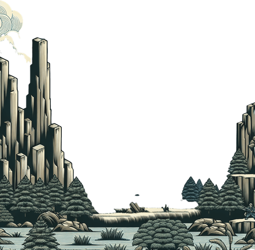 a tileable japanees ninja game landscape background with montains far and cliff edge in the foreground.