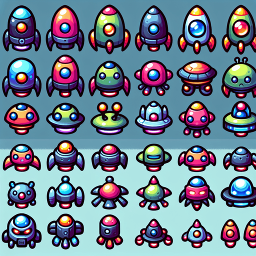 Sprite sheet of different Enemy spaceship, alien looking. Vibrant colors. Cartoon feeling. 4x4 sprite sheet..
Single Game Texture. In-Game asset. 2d. Blank background. High contrast. No shadows.