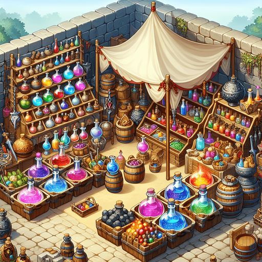 A market in a RTS fantasy style Single Game Texture. In-Game asset. 2d. Blank background. High contrast. No shadows.