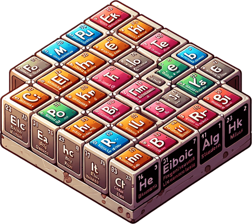 The periodic table of the elements..
Single Game Texture. In-Game asset. 2d. Blank background. High contrast. No shadows.