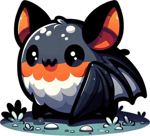 Single simple cartoon bat for a game titled "Flap & Bounce". The bird has lots black, grey and orange colors and is high contrast. The bat is seen from the side. Only show the animal. No shadows.
Single Game Texture. In-Game asset. 2d. Blank background. High contrast. No shadows.