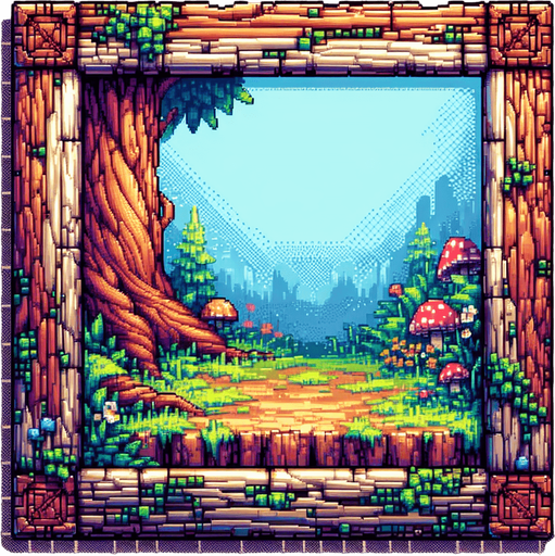 Wooden engrained frame. I want the art style to reflect a classic 16-bit retro pixel art aesthetic, reminiscent of early 1990s RPGs with vibrant colors. The environment should have a rich, fantasy-themed design with intricate backgrounds and a nostalgic, old-school feel..
Single Game Texture. In-Game asset. 2d. Blank background. High contrast. No shadows.