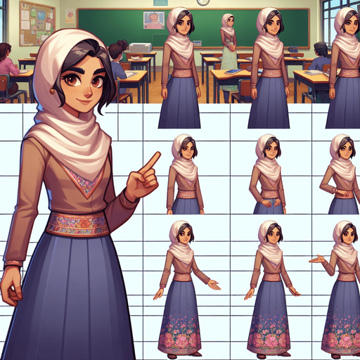 A spritesheet containing several poses of a young female teacher in front of her classroom..
Single Game Texture. In-Game asset. 2d. Blank background. High contrast. No shadows.