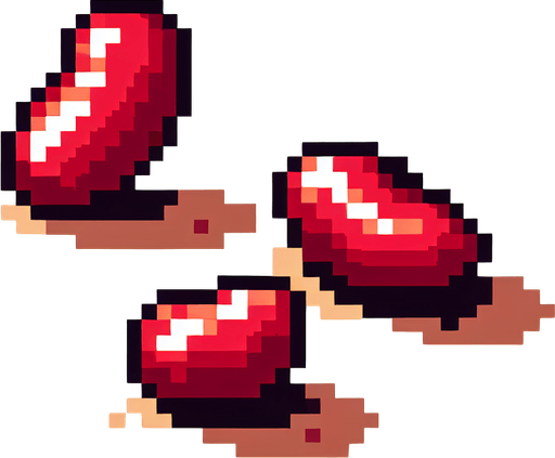 pixel art of three red beans.
Single Game Texture. In-Game asset. 2d. Blank background. High contrast. No shadows.