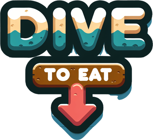 three words 'dive to eat' in a cartoonish style with an arrow pointing down.
Single Game Texture. In-Game asset. 2d. Blank background. High contrast. No shadows.