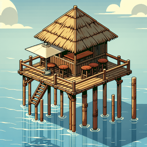 Create a cartoon-style illustration of a small bar hut on short stilts, above water,  close view.
Single Game Texture. In-Game asset. 2d. Blank background. High contrast. No shadows.