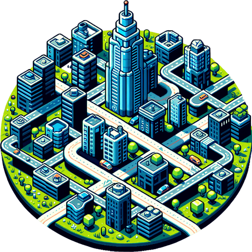 make a city with a sky scaper and a triskelion.
Single Game Texture. In-Game asset. 2d. Blank background. medium contrast. No shadows. cartoony. birdside view. full body. not facing the camera