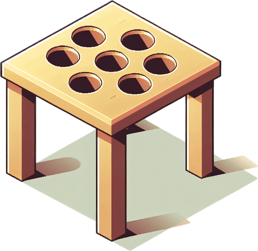 isometric table with empty whack-a-mole holes.
Single Game Texture. In-Game asset. 2d. Blank background. High contrast. No shadows.